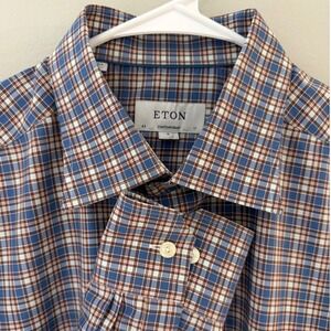 Eton Contemporary Fit Mens XL Blue Brown Plaid Cotton Dress Shirt 17 43 Romania